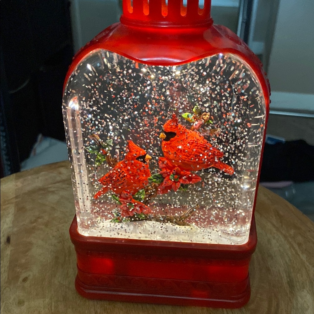 Red and White Holiday Decor Collection snow globe with cardinals lights up - Picture 3 of 4